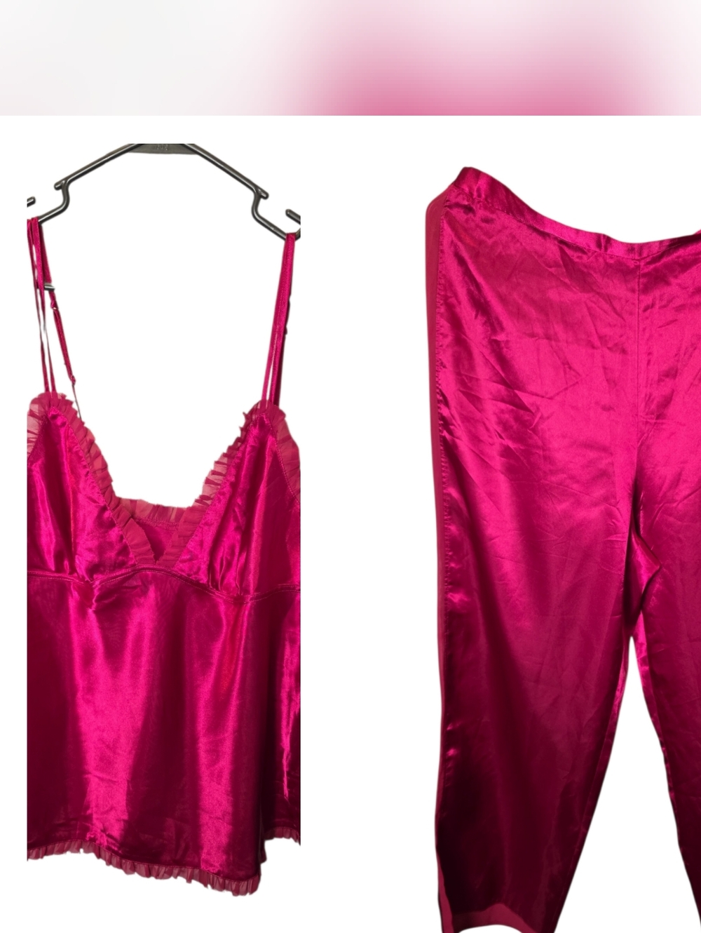 Women’s Satin Pant Set Pajamas - Dark Fuchsia Pink Sexy Elegant Whimsical L